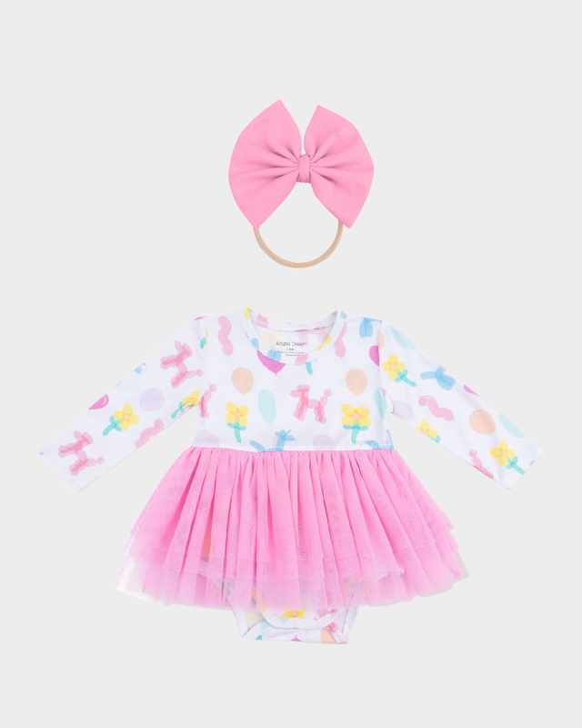 Girl's Balloon Animals Long-Sleeve Tutu Bodysuit and Headband Set, Size 3M-24